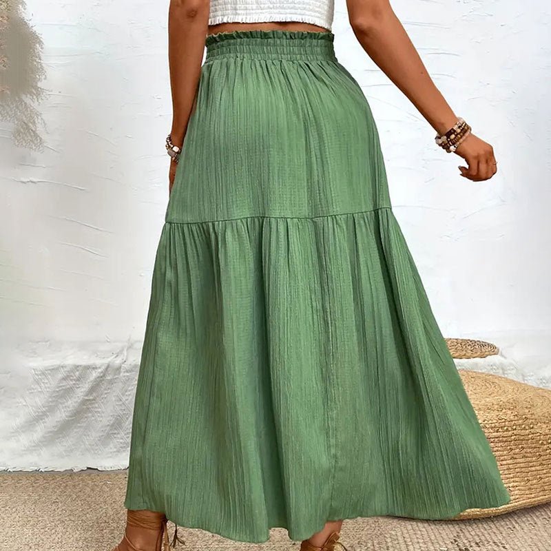 High Slit Ruffled Smocking Waistline Skirt Spring Summer High Grade Long Skirt for Women