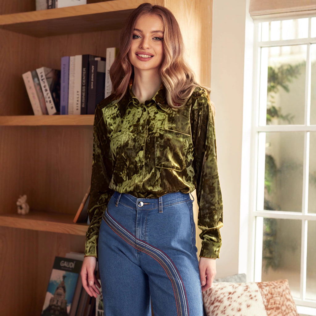 Retro Loose Diamond Velvet Shirt Autumn Winter Solid Color Polo Collar Button Long Sleeve Shirt for Women