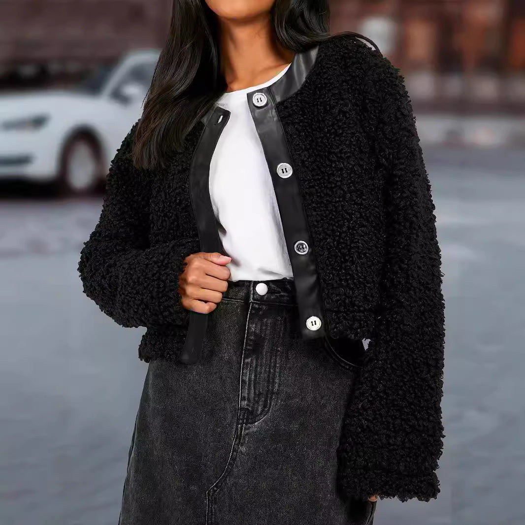 Casual Office All Matching Faux Fur Stitching Leather Jacket Women Autumn Winter round Neck Short Long Sleeved Coat Women Clothing