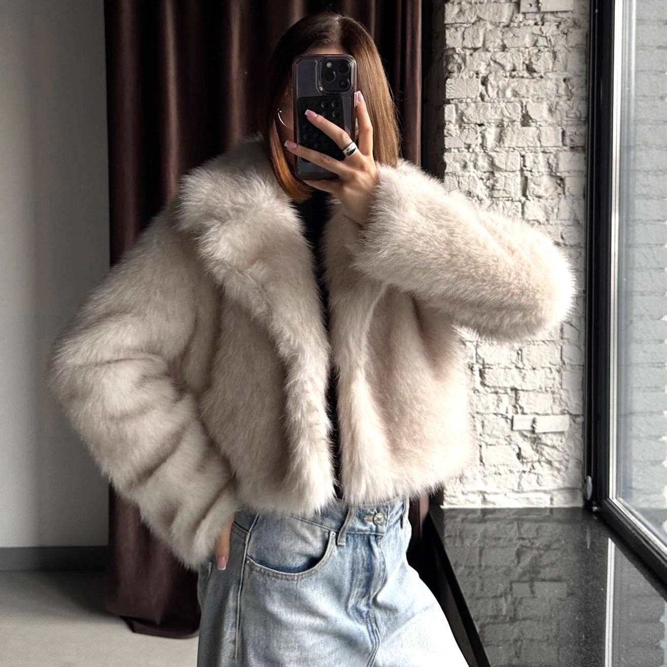 Autumn Winter Faux Fur Jacket Suit Collar Baggy Coat Short Furry Women Environmental Protection Fur Coat