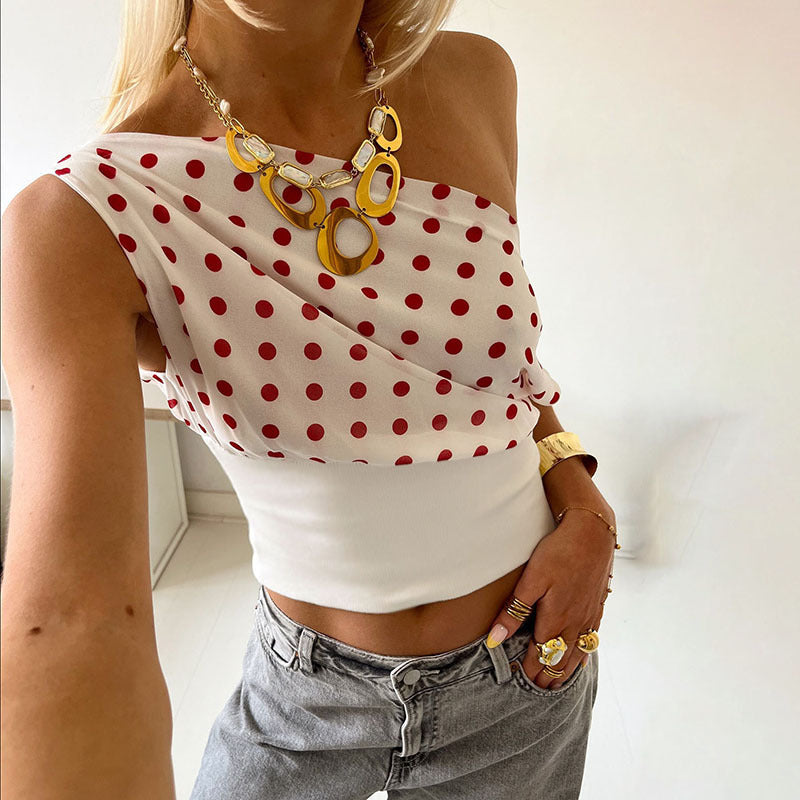 Summer Women Clothing Retro Gentle Dot Sexy One Shoulder Cropped Waist Controlled Top Women