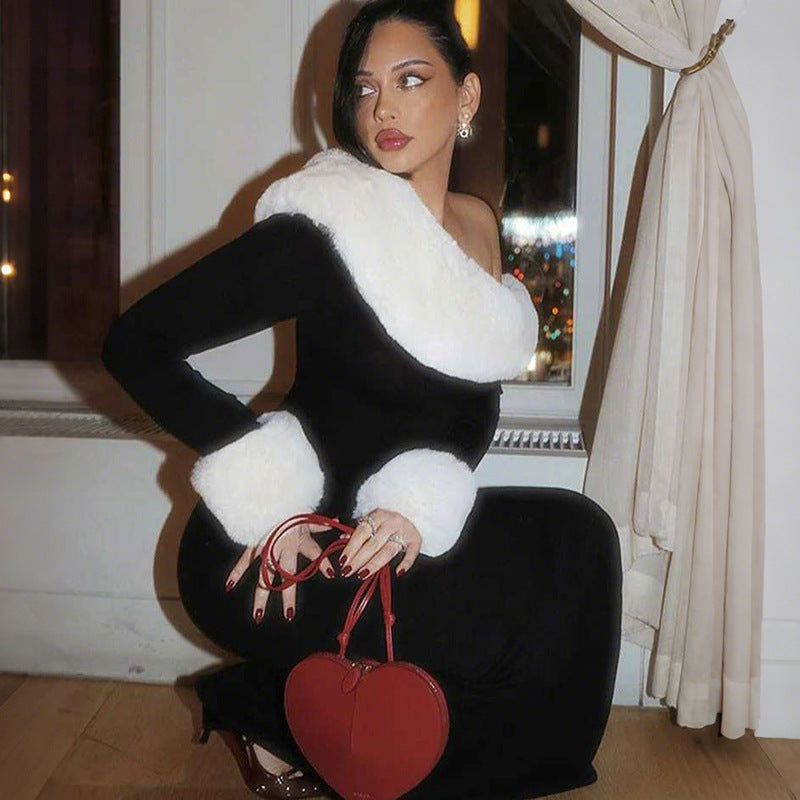 Autumn Winter Women Sexy Fur Collar Stitching Slim Fit Oblique Shoulder Color Matching Long Sleeve Elegant Dress