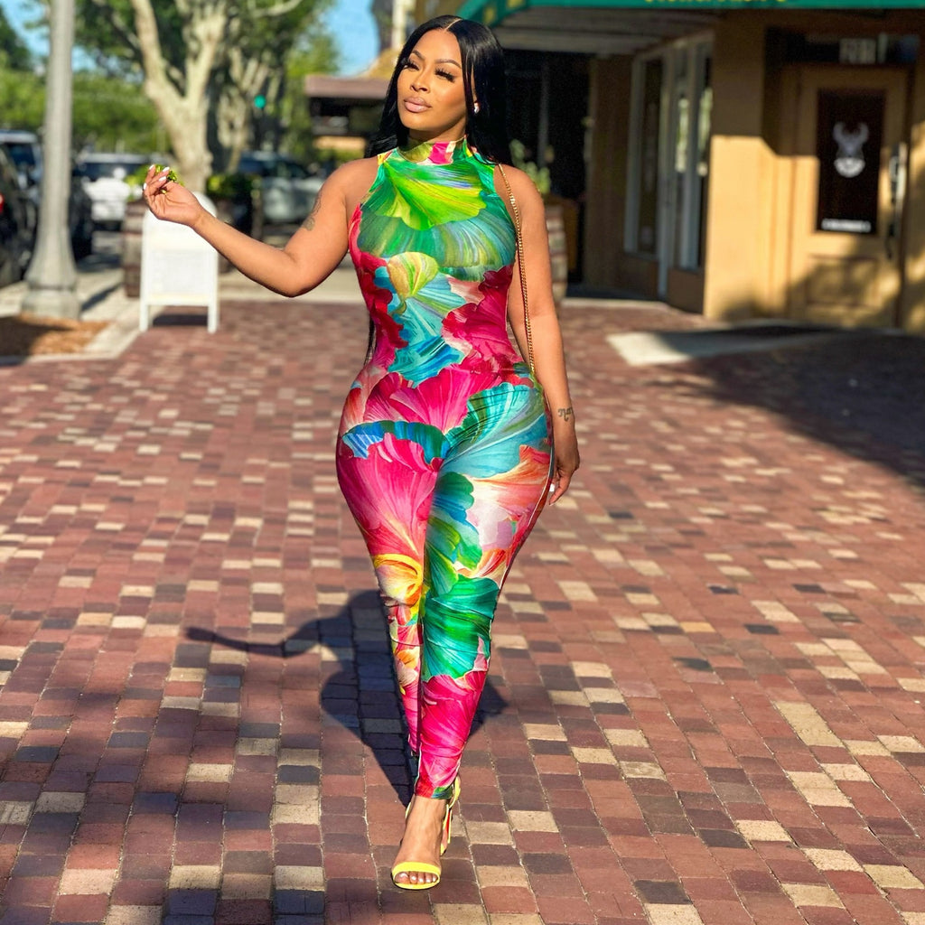 Printed Stretch Slim Sleeveless Tight Jumpsuit