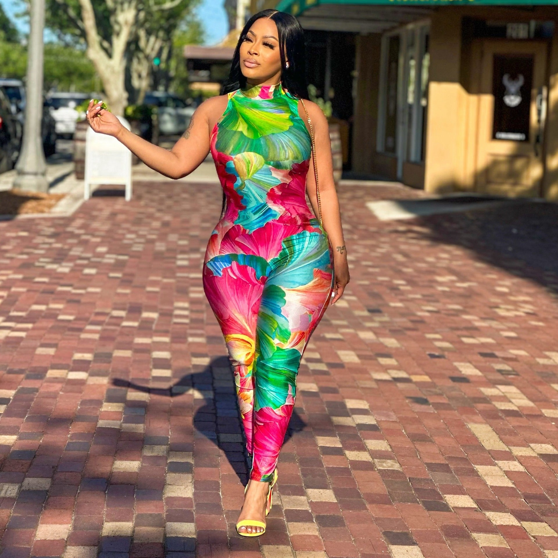 Printed Stretch Slim Sleeveless Tight Jumpsuit