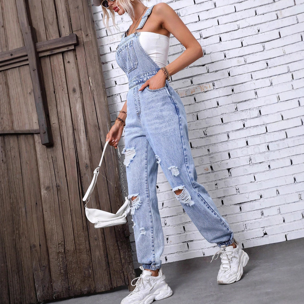 Women Clothing Shoulder Strap Hole Denim Suspenders Pants