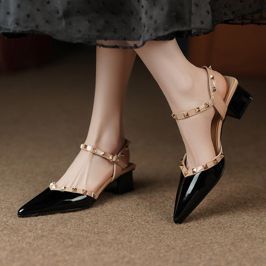 Fashion Pointed Rivets Middle Heel Back Empty Shoes