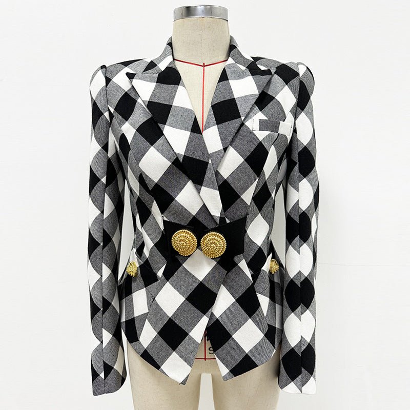 Spring Star Big Metal Buckle Black White Plaid Slim Fit Blazer Jacket