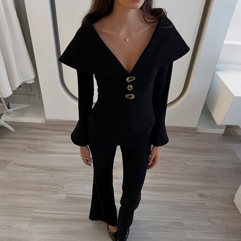 Autumn Winter Retro Black Sexy V neck Slim Top Waist Controlled Bell Bottom Pants Elegant Elegant Set for Women