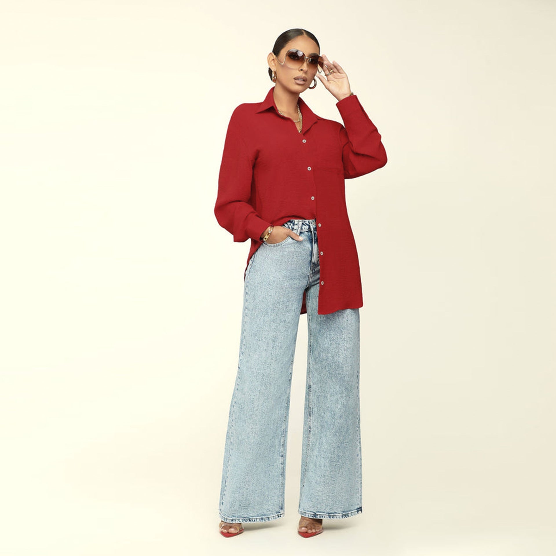 Fall Women Long Sleeve Solid Color Top Loose Casual Shirt Women