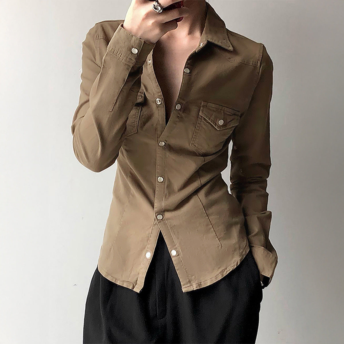 Minimalist Solid Color Long Sleeved Top Shirt Women Clothing Autumn Winter