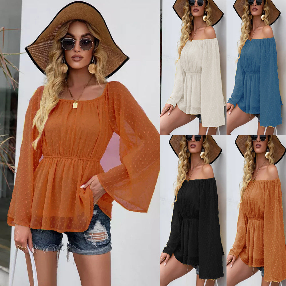 Mature Elegant Pullover Long Sleeve Square-Neck off-Neck Slim Shirt for Women