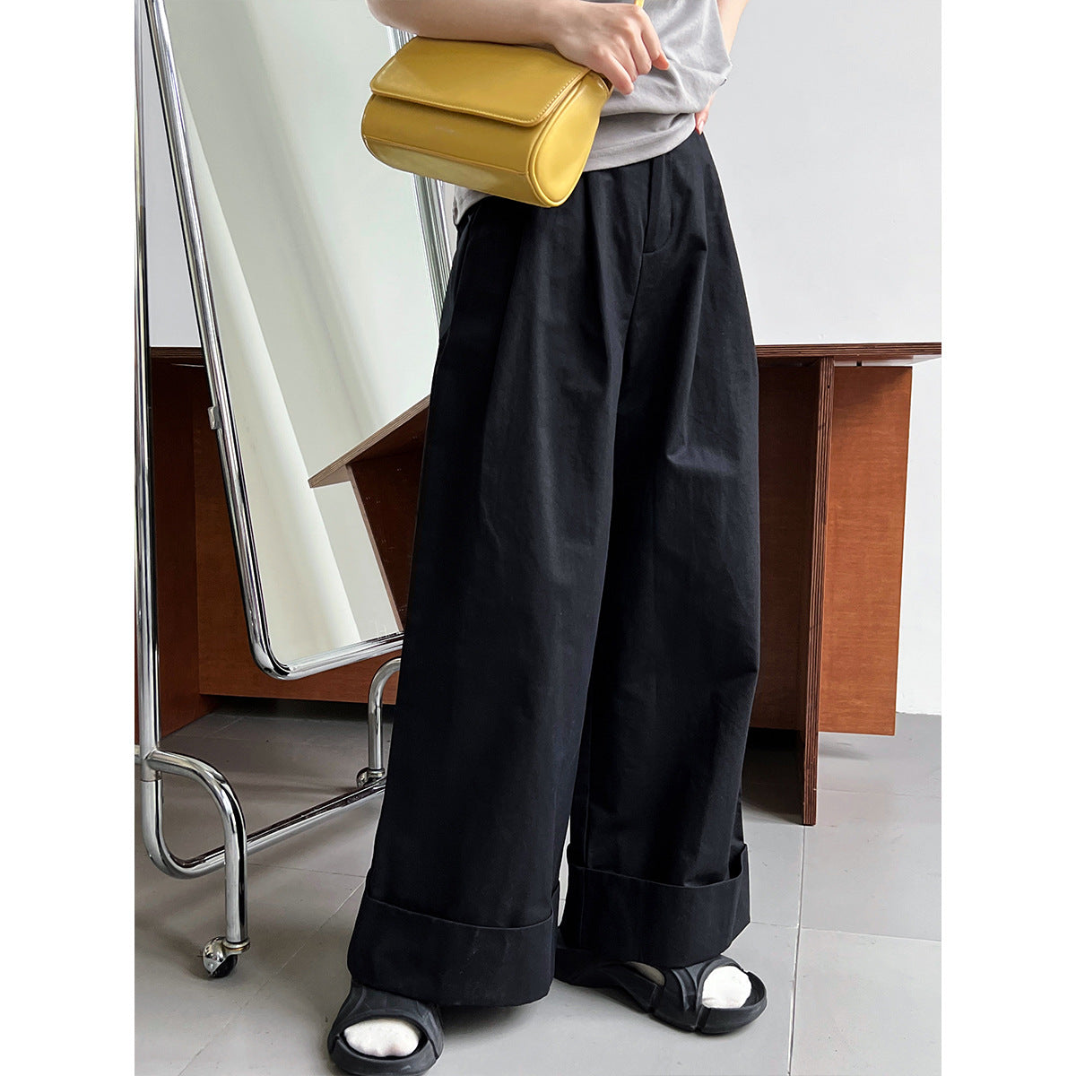 Washed Cotton Work Pant Trousers Women Summer Slimming Slim Fit Casual Curling Wide Leg Pants