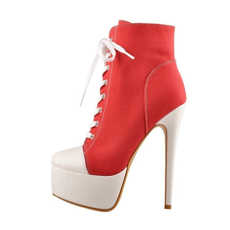 Women's Round Toe High Platform Denim Lace-up Ankle Boots