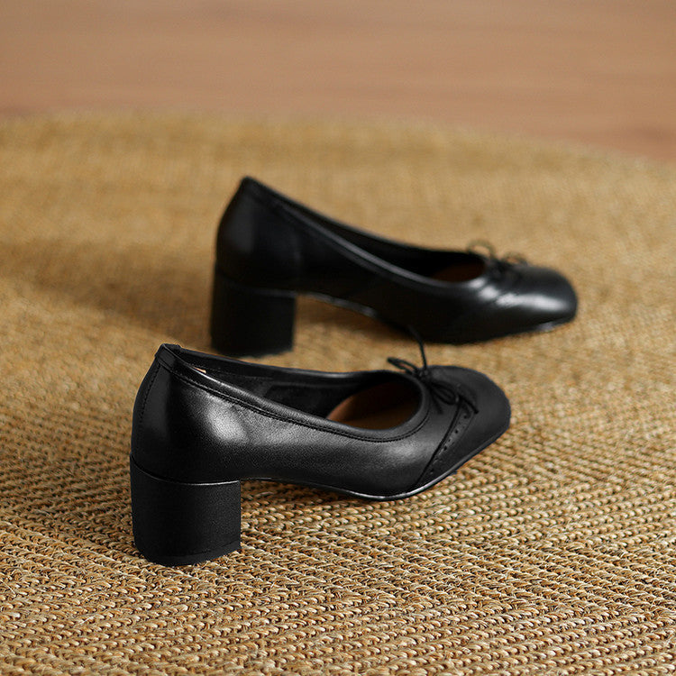 Women's Round Toe Shallow Mouth Gentle Bow Mid Heel Leather Shoes
