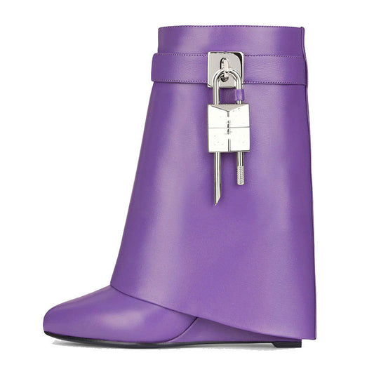 Women's Fashion Slope Heel Round Head Leather Surface High Heel Zipper Short Boots