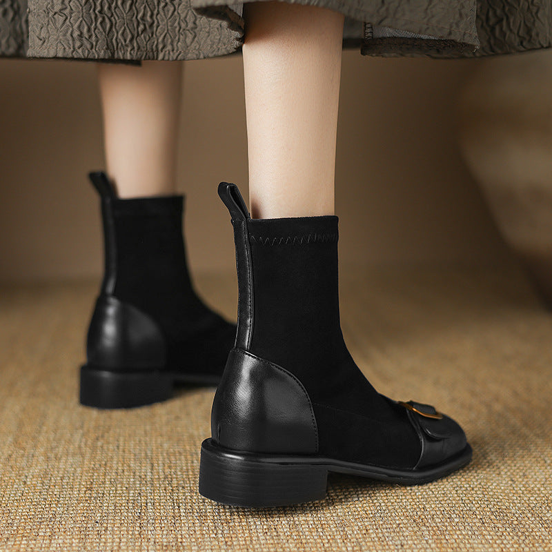 Casual Low Heel Martin Boots Belt Buckle Stitching Short Boots