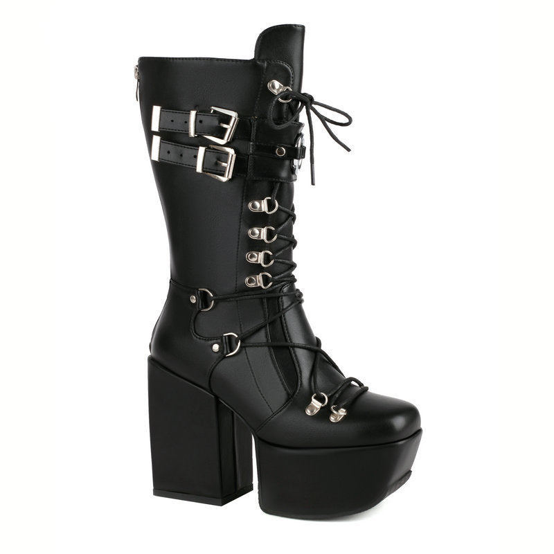 Below The Knee Fashion Women's Boots Autumn And Winter New Punk Belt Buckle Square Head