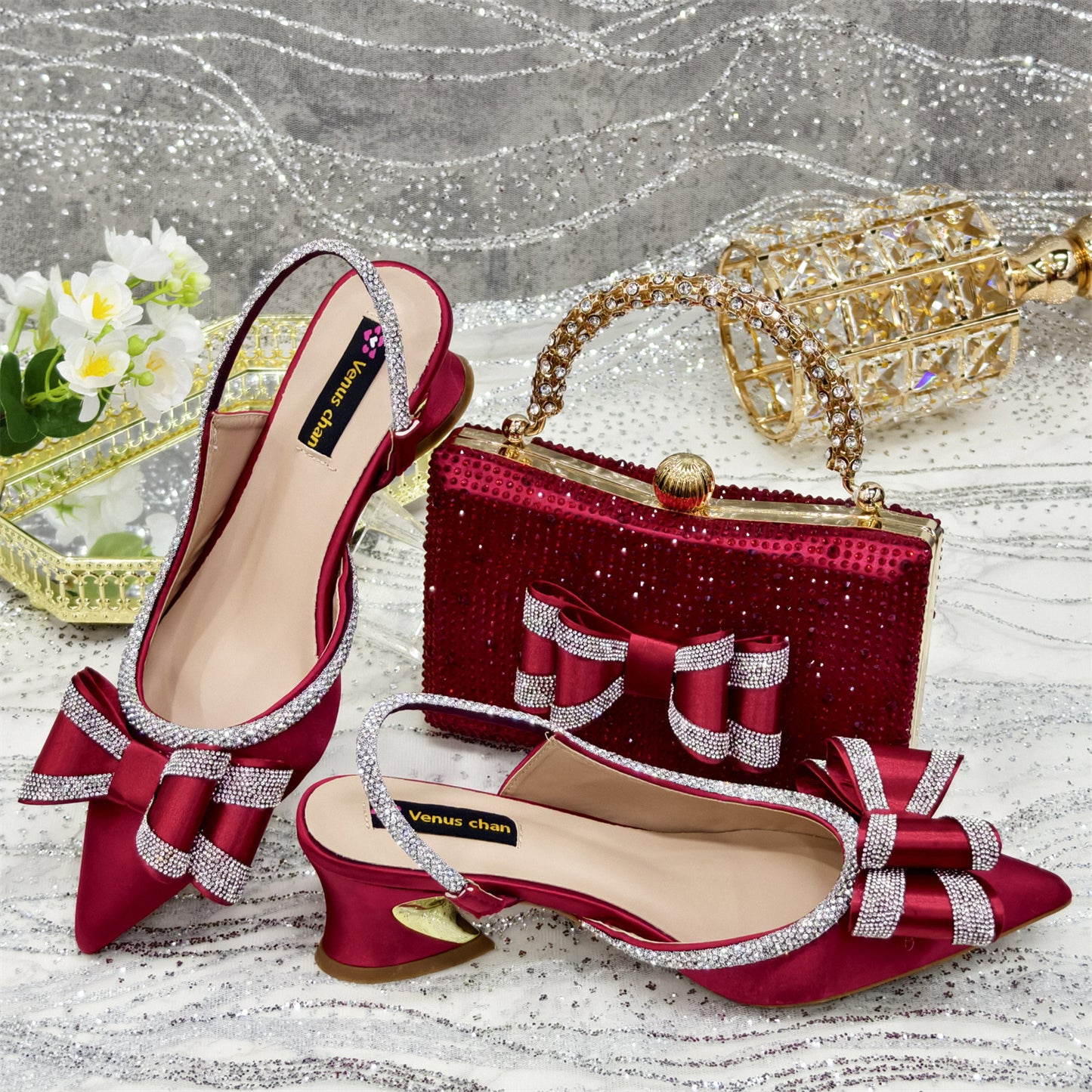 Women's Pointed Sandals Rhinestone Matching Square Rhinestone Bag