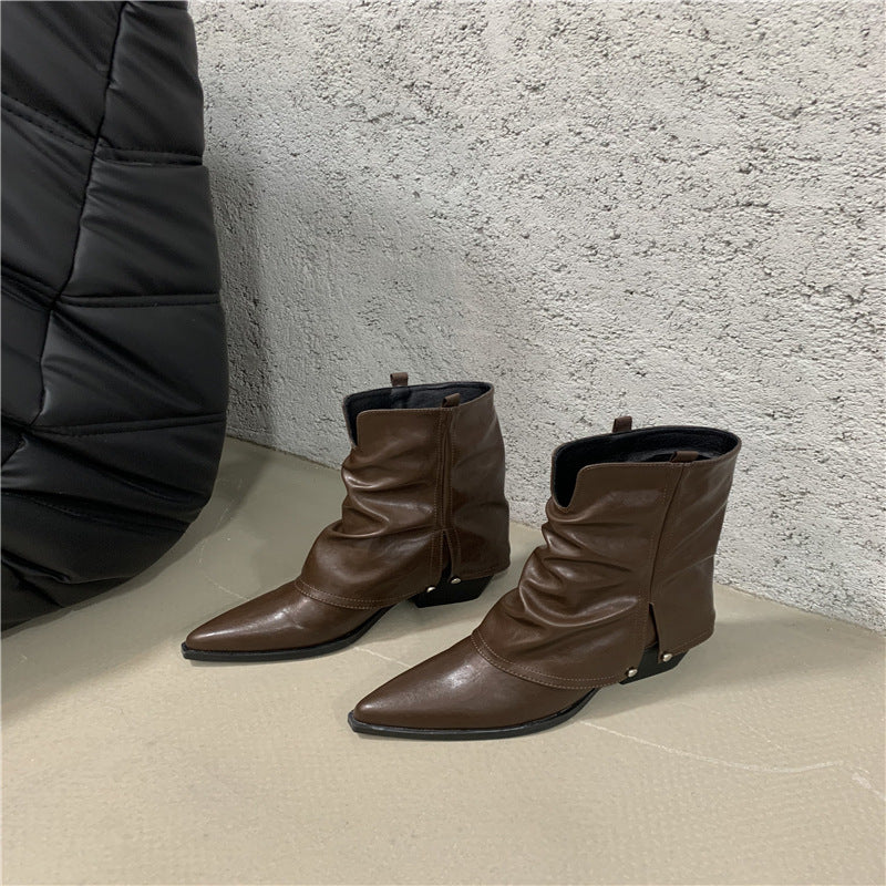 Chunky Heel Pointed Pants Fried Street Small Women's Western Denim Boots