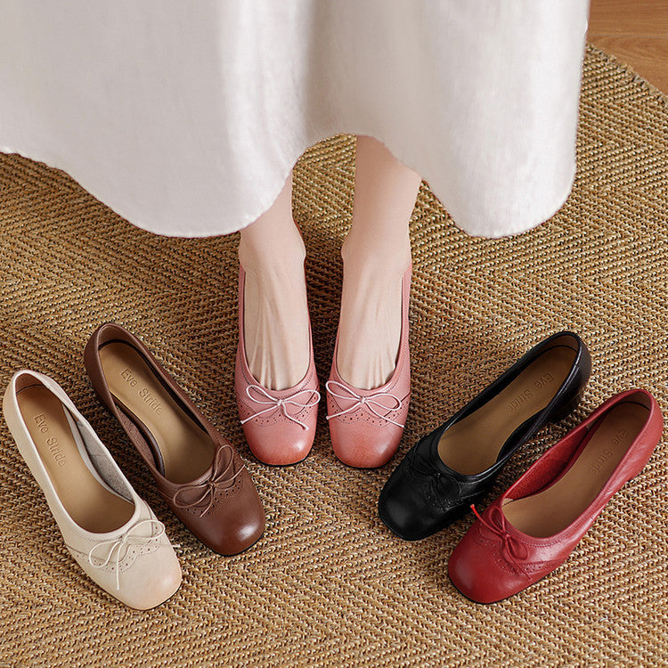 Women's Round Toe Shallow Mouth Gentle Bow Mid Heel Leather Shoes