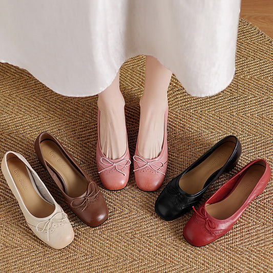 Women's Round Toe Shallow Mouth Gentle Bow Mid Heel Leather Shoes