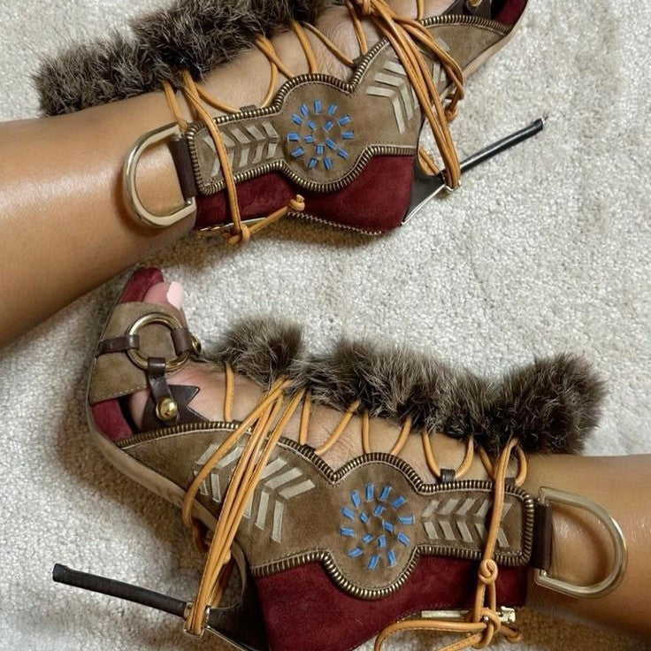 European Station Fashion Retro Metal Buckle Lace-up Color Matching Fur Stiletto Sandals