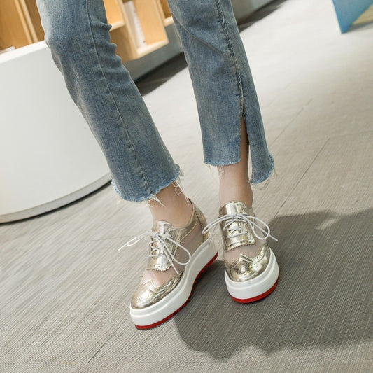 British Style Sequined Lace-up Wedge Shoes