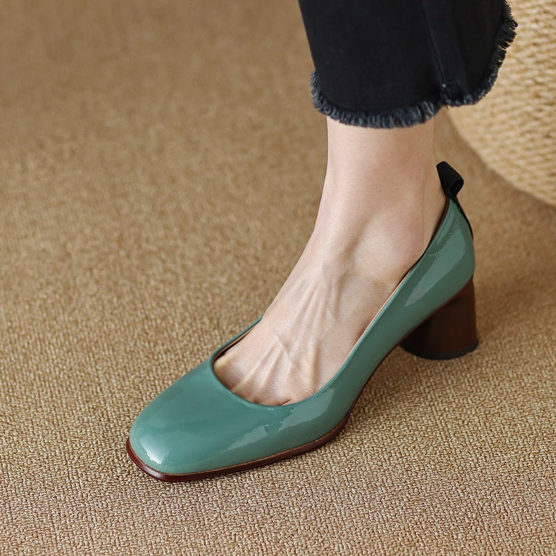 Women's Fashion Solid Color Round Head Pigskin Split Leather Chunky Heel Low-top Shoes