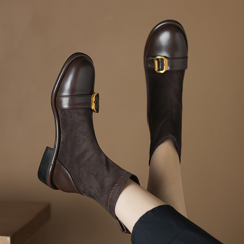 Casual Low Heel Martin Boots Belt Buckle Stitching Short Boots