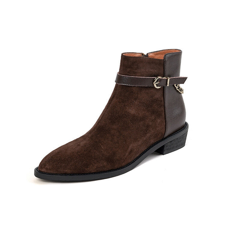 Women's Square Heel Pointed-toe Side Zip Belt Buckle Flat Ankle Boots