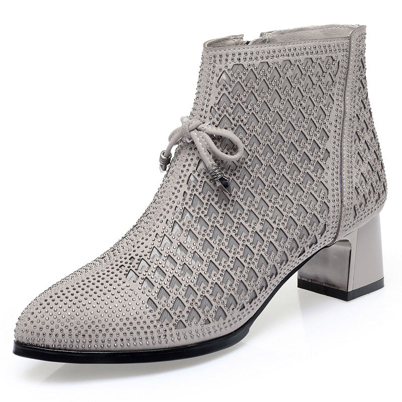 Women's Shoes Chunky Heel Mesh Boots Hollow Rhinestone High Heels
