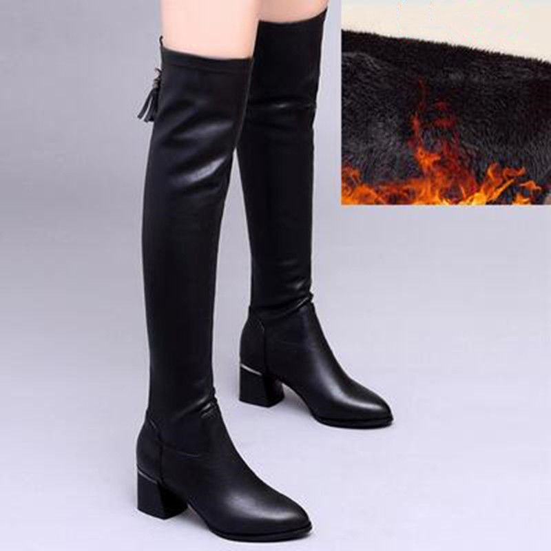 Chunky Heels Cotton Shoes Winter Plus Velvet Boots