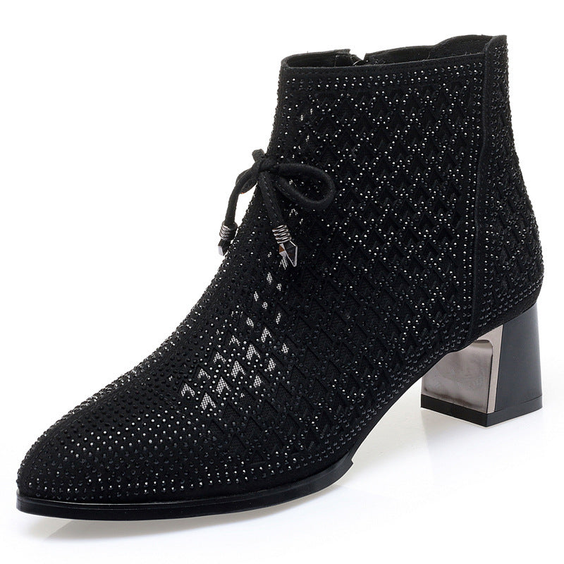 Women's Shoes Chunky Heel Mesh Boots Hollow Rhinestone High Heels